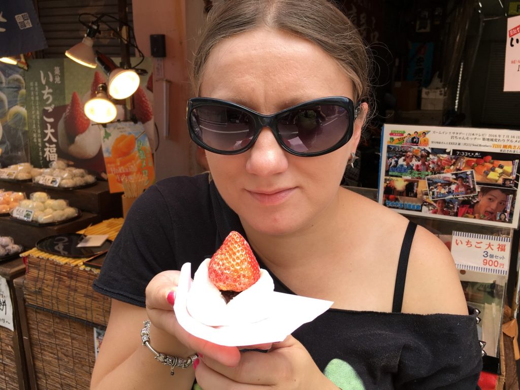 Japanese mochi rice cakes: Eating Japanese strawberry daifuku (ichigo daifuku)